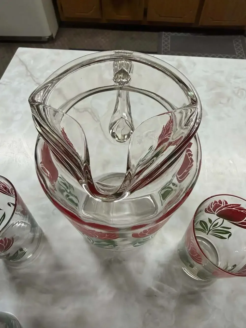 Vintage Anchor Hocking Tulip No. 3 Red Glass Pitcher and 3 Tumblers Set Mid-Cent